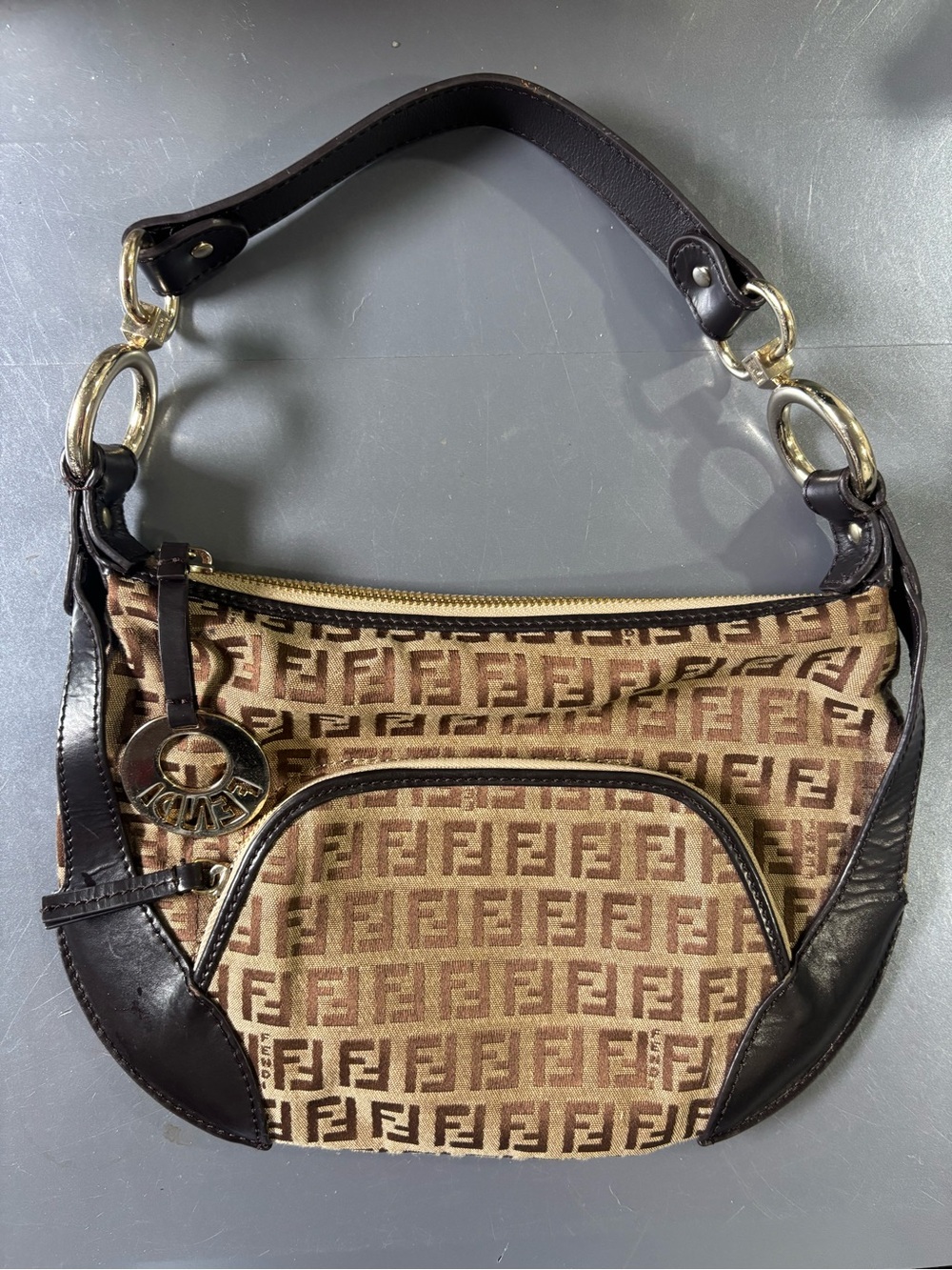 Fendi Brown & Dark Brown FF Monogram Shoulder Bag with Gold Hardware